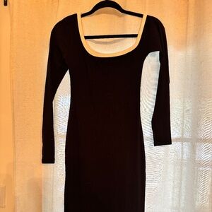 Black Asymmetric Midi Dress with White Trim Neckline